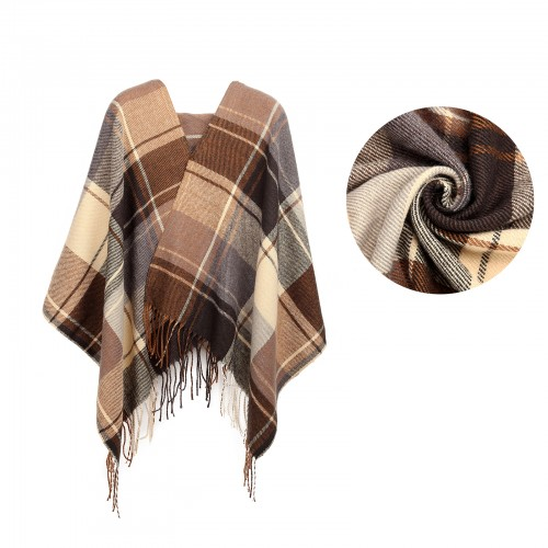 Women Fashion Long Shawl Grid Tassel Winter Warm Lattice Large Scarf - Brown