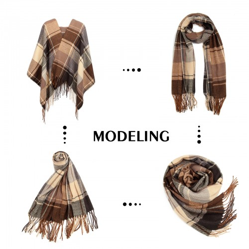 Women Fashion Long Shawl Grid Tassel Winter Warm Lattice Large Scarf - Brown