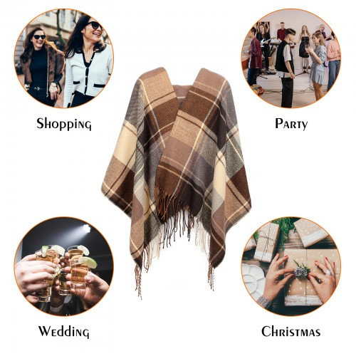 Women Fashion Long Shawl Grid Tassel Winter Warm Lattice Large Scarf - Brown