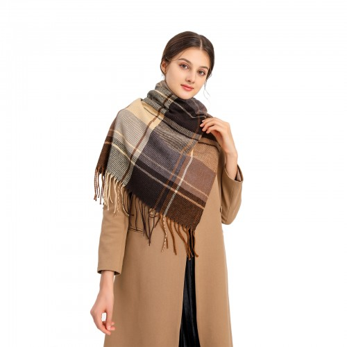 Women Fashion Long Shawl Grid Tassel Winter Warm Lattice Large Scarf - Brown