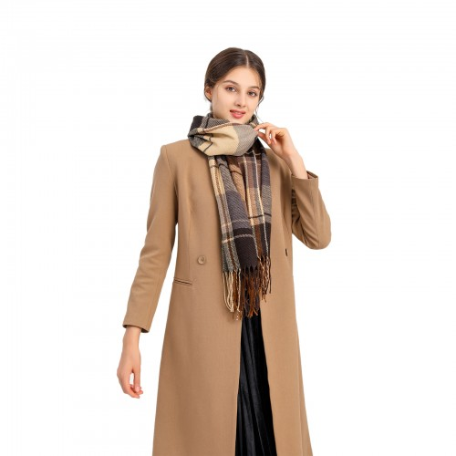 Women Fashion Long Shawl Grid Tassel Winter Warm Lattice Large Scarf - Brown