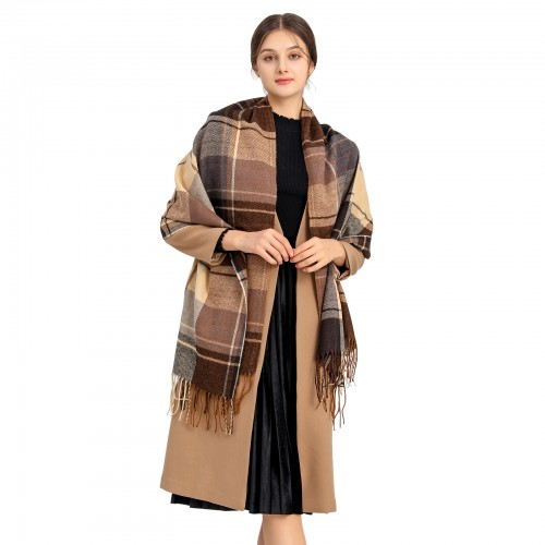 Women Fashion Long Shawl Grid Tassel Winter Warm Lattice Large Scarf - Brown