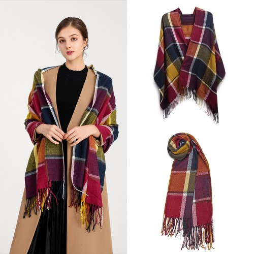 Women Fashion Long Shawl Grid Tassel Winter Warm Lattice Large Scarf - Purple