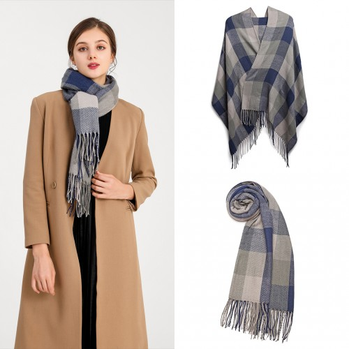 Women Fashion Long Shawl Grid Tassel Winter Warm Lattice Large Scarf - Grey