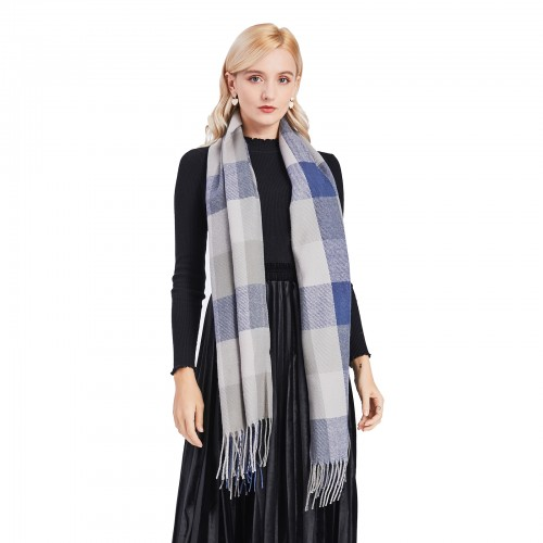 Women Fashion Long Shawl Grid Tassel Winter Warm Lattice Large Scarf - Grey