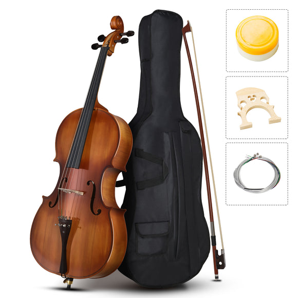 Full Side 4/4 Matte Natural Color Spruce Panel Cello with Bag Bow Rosin Bridge Strings