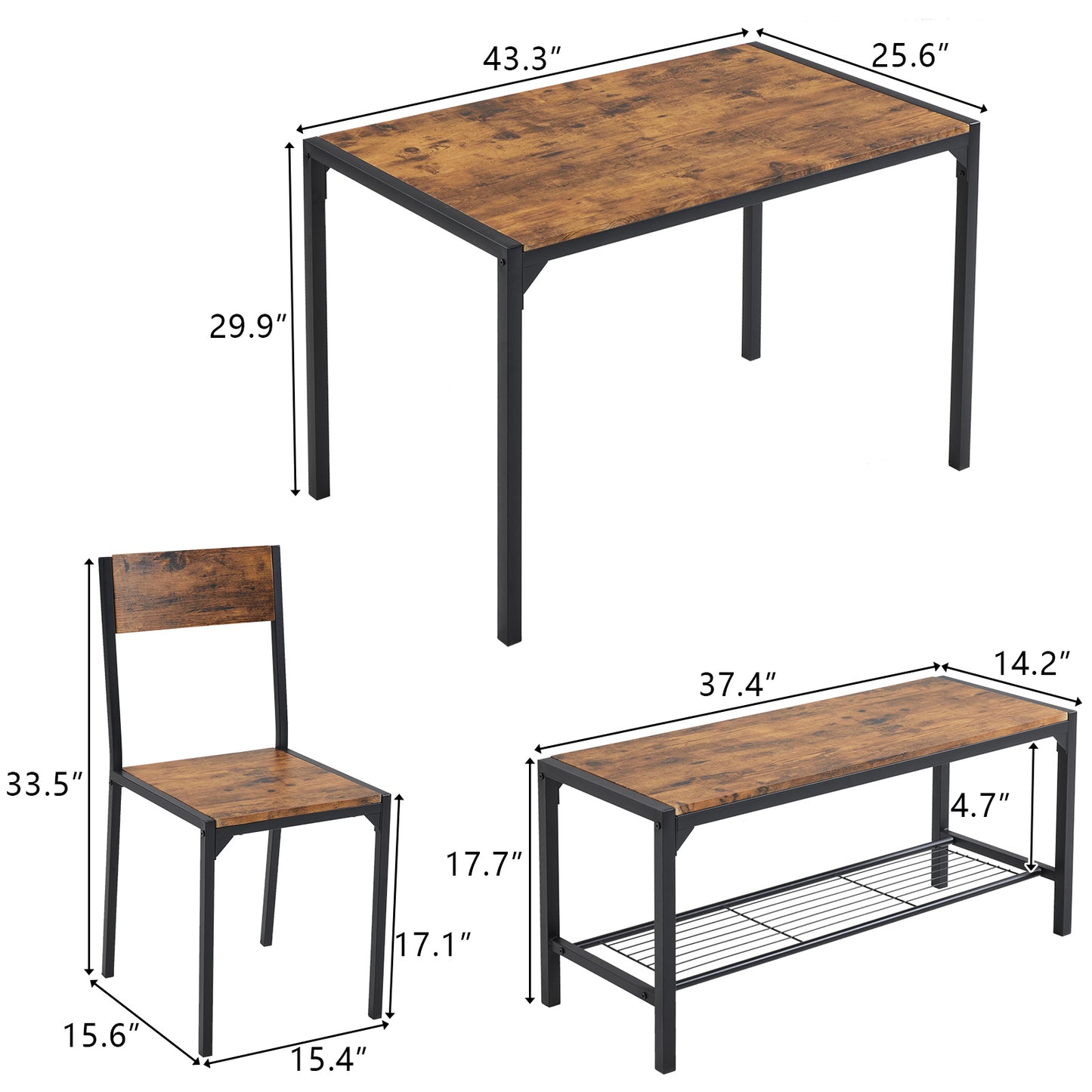 Dining Table Set for 4, Kitchen Table with 2 Chairs and a Bench, 4 Piece Kitchen Table Set for Small Space, Home Kitchen Bar Pub Apartment, Rustic Brown