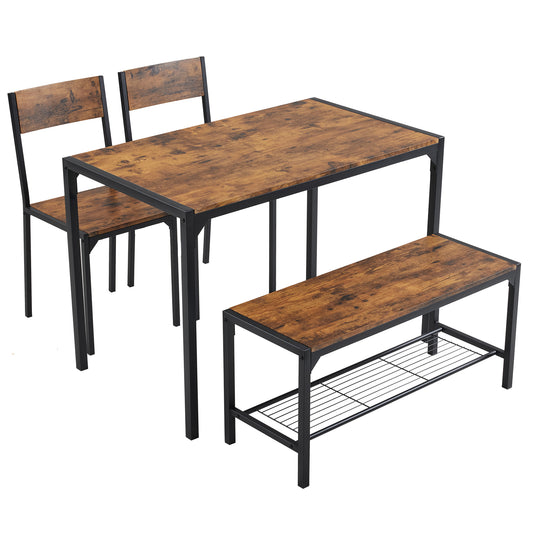 Dining Table Set for 4, Kitchen Table with 2 Chairs and a Bench, 4 Piece Kitchen Table Set for Small Space, Home Kitchen Bar Pub Apartment, Rustic Brown