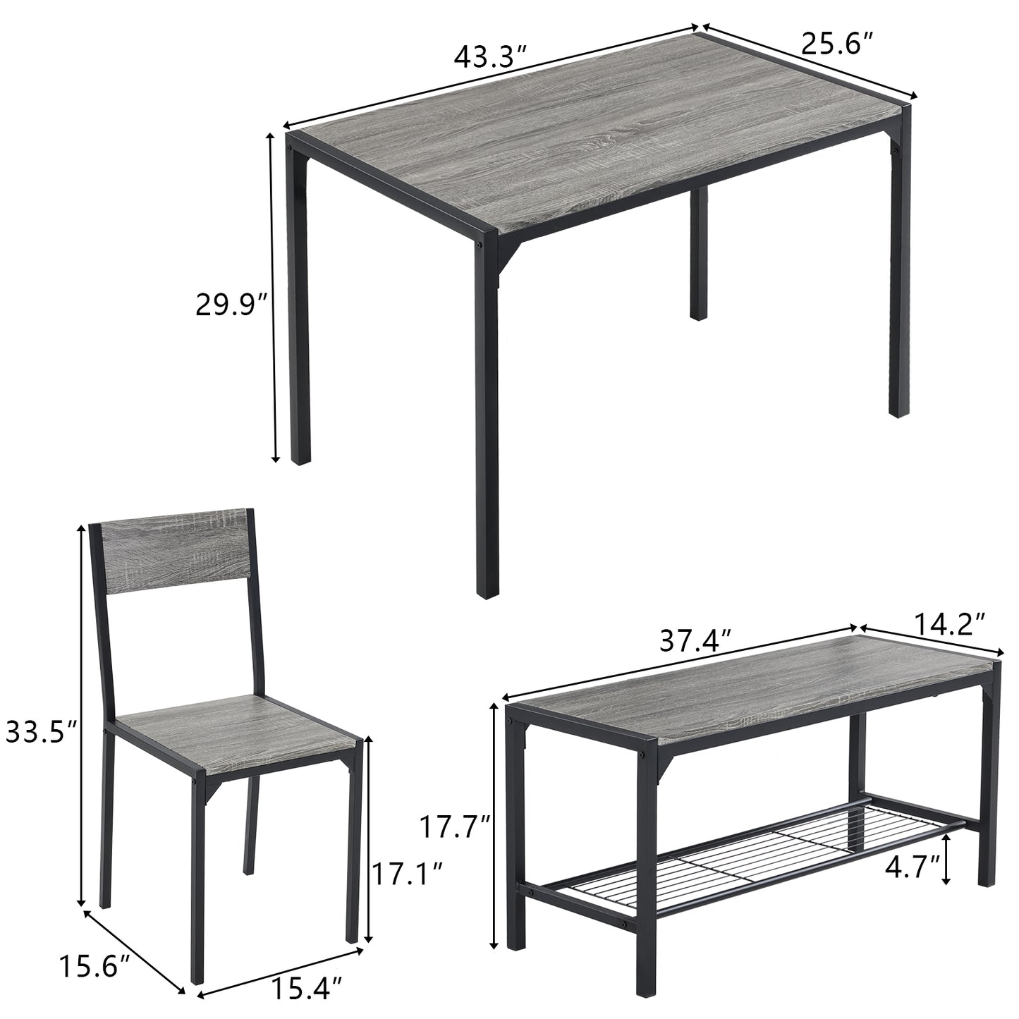 Dining Table Set for 4, Kitchen Table with 2 Chairs and a Bench, 4 Piece Kitchen Table Set for Small Space, Home Kitchen Bar Pub Apartment, Gray