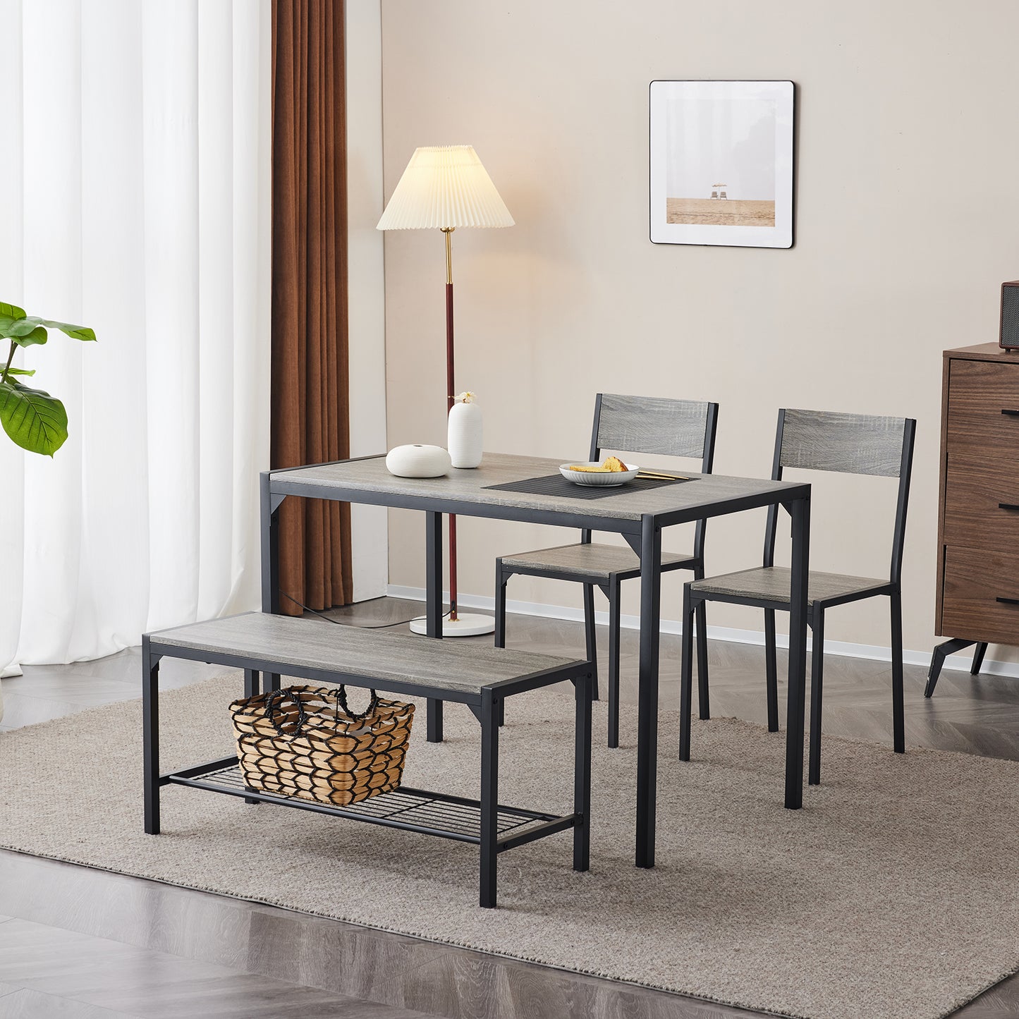 Dining Table Set for 4, Kitchen Table with 2 Chairs and a Bench, 4 Piece Kitchen Table Set for Small Space, Home Kitchen Bar Pub Apartment, Gray