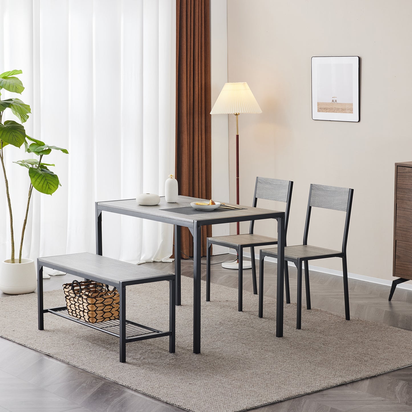 Dining Table Set for 4, Kitchen Table with 2 Chairs and a Bench, 4 Piece Kitchen Table Set for Small Space, Home Kitchen Bar Pub Apartment, Gray