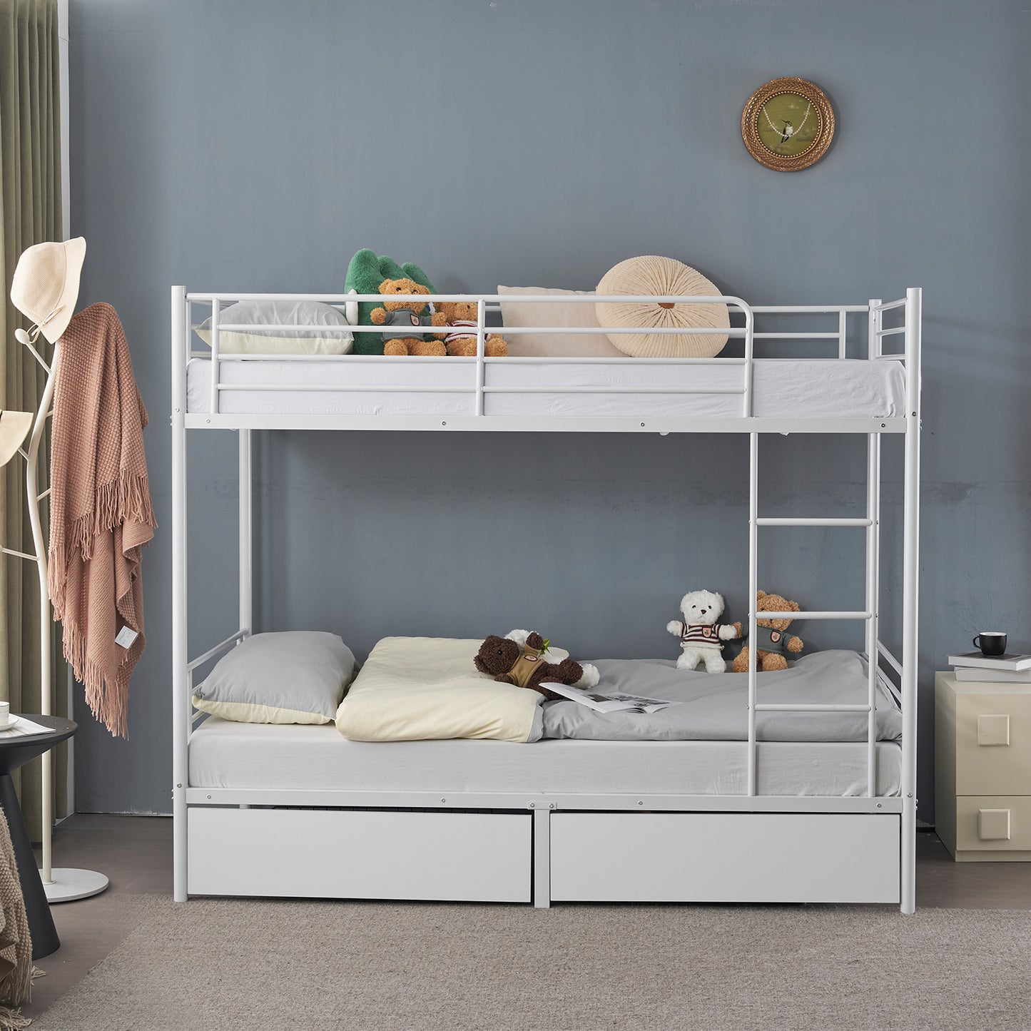 SALE Bunk Bed with Two Storage Drawers & Full-Length Guard Rail, Heavy Duty Metal Bunk Bed for Kids Teens Adults, White