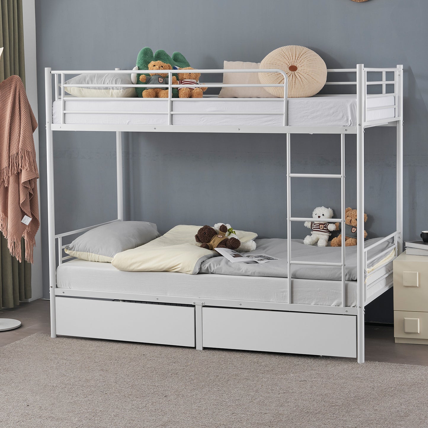 SALE Bunk Bed with Two Storage Drawers & Full-Length Guard Rail, Heavy Duty Metal Bunk Bed for Kids Teens Adults, White