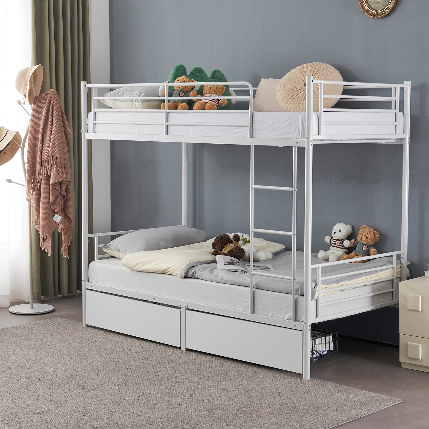 SALE Bunk Bed with Two Storage Drawers & Full-Length Guard Rail, Heavy Duty Metal Bunk Bed for Kids Teens Adults, White