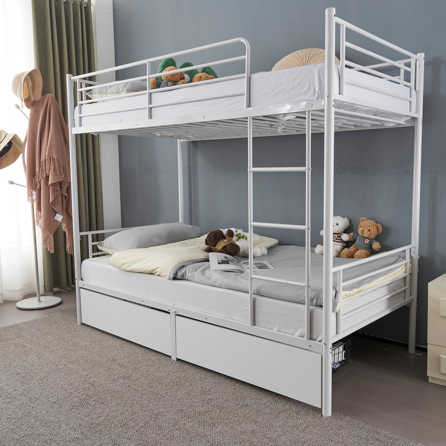 SALE Bunk Bed with Two Storage Drawers & Full-Length Guard Rail, Heavy Duty Metal Bunk Bed for Kids Teens Adults, White