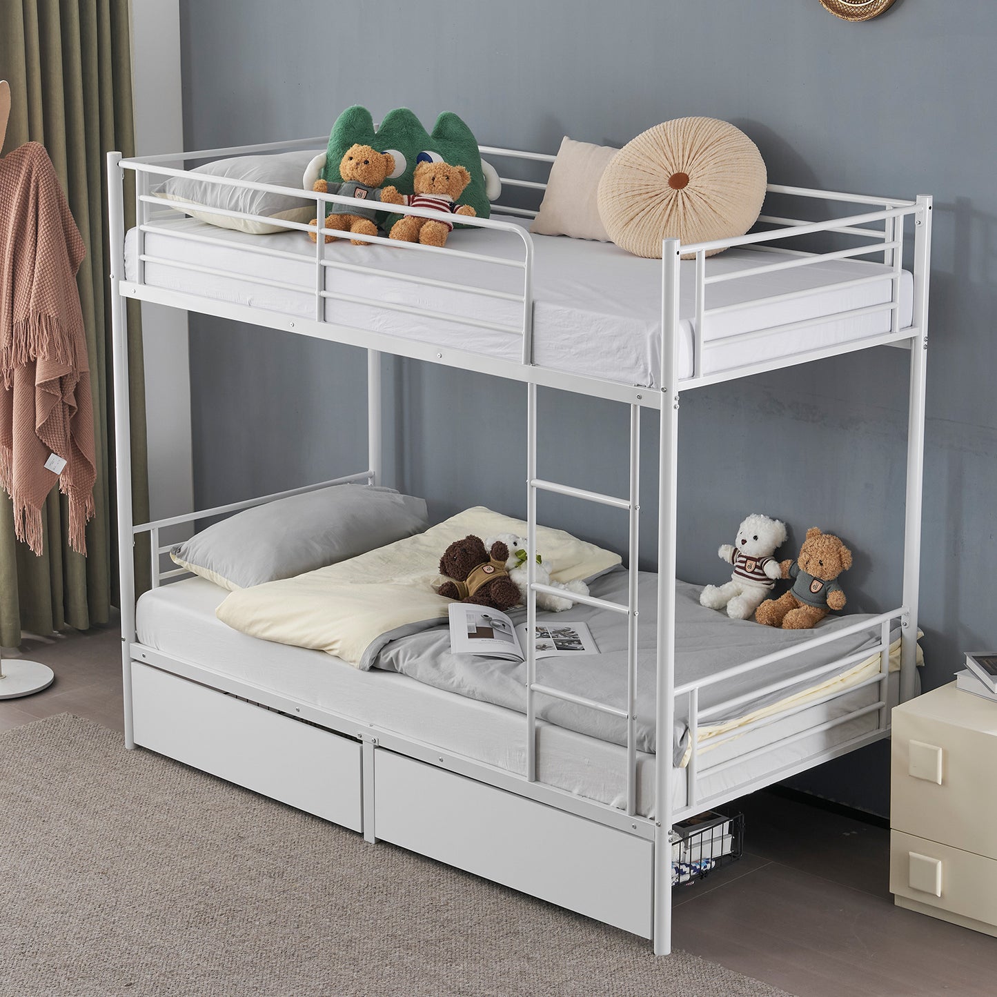 SALE Bunk Bed with Two Storage Drawers & Full-Length Guard Rail, Heavy Duty Metal Bunk Bed for Kids Teens Adults, White