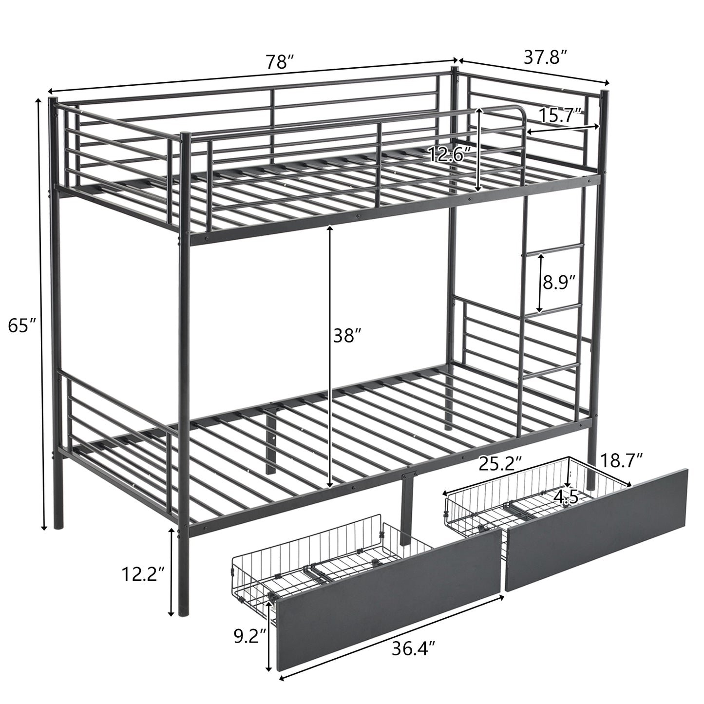 SALE Bunk Bed with Two Storage Drawers & Full-Length Guard Rail, Heavy Duty Metal Bunk Bed for Kids Teens Adults, Black