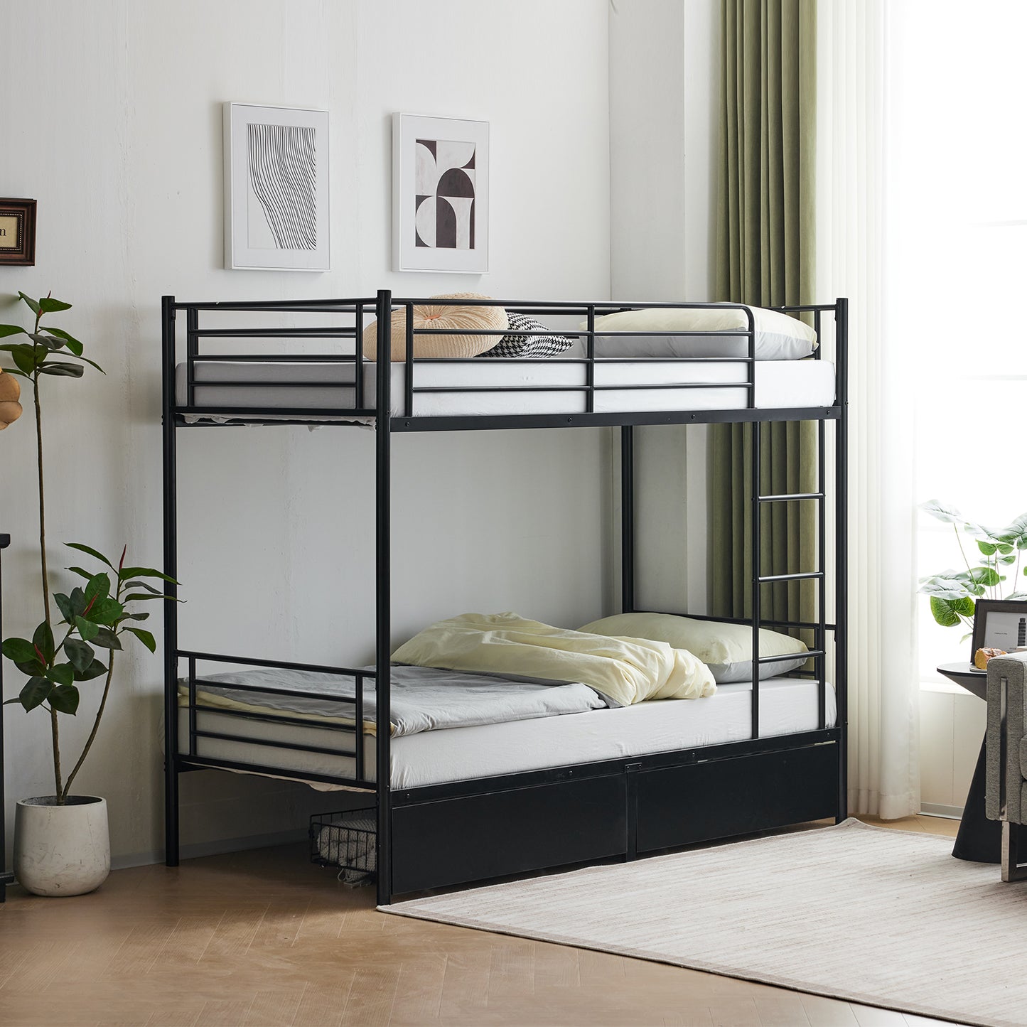 SALE Bunk Bed with Two Storage Drawers & Full-Length Guard Rail, Heavy Duty Metal Bunk Bed for Kids Teens Adults, Black