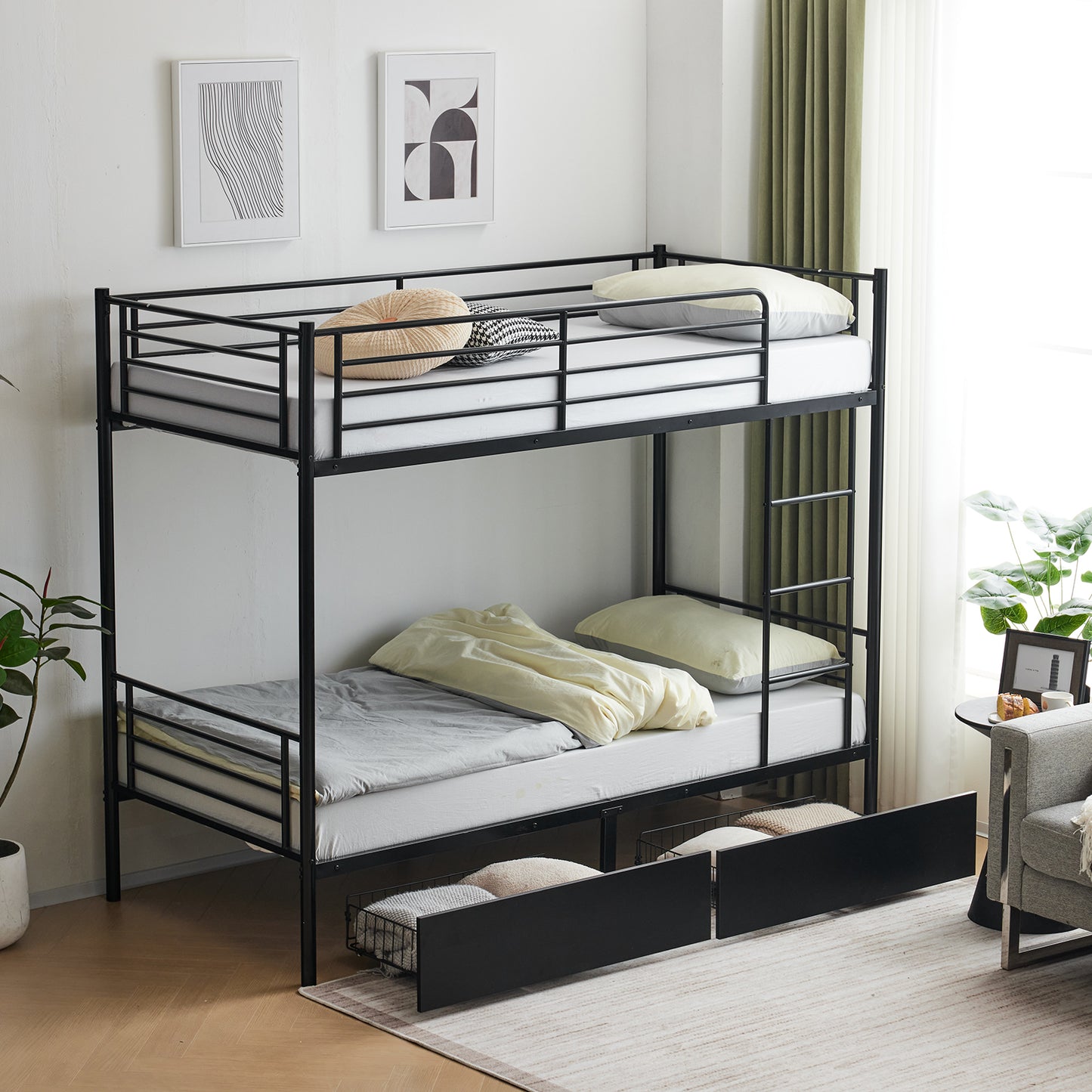 SALE Bunk Bed with Two Storage Drawers & Full-Length Guard Rail, Heavy Duty Metal Bunk Bed for Kids Teens Adults, Black