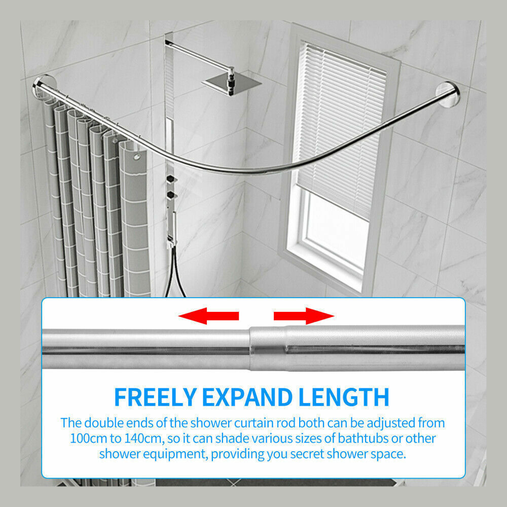 Stretchable Stainless L Shaped Pole Bathroom Corner Shower Curtain Rail Rack Rod