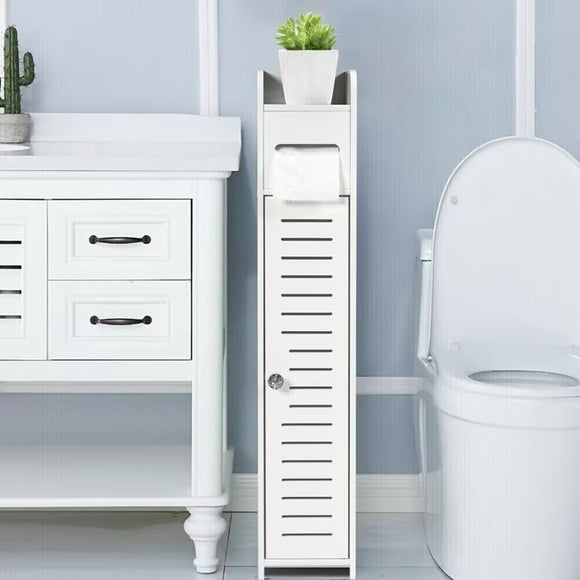Wooden White Free Standing Toilet Paper Roll Holder Bathroom Storage Cabinet UK