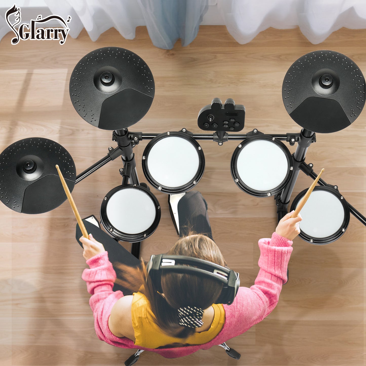 Glarry Electronic Drum Set for Beginner with 4 x 7in Drum Pads, 3x 10in Cymbals, 150 Sounds, Drum Module, Headphones, Drumsticks