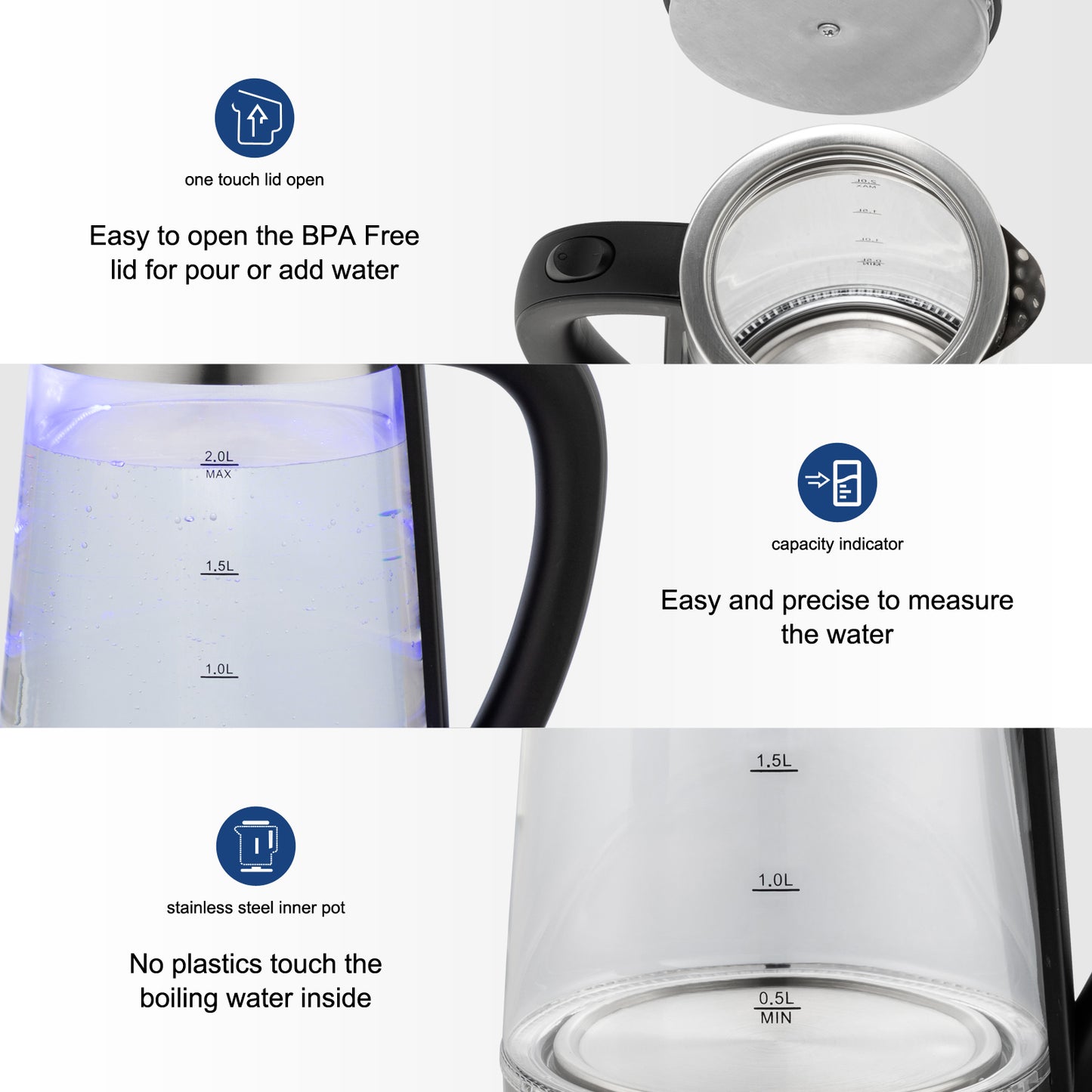 ZOKOP HD-250 220V 2000W 2L Blue Glass Electric Kettle