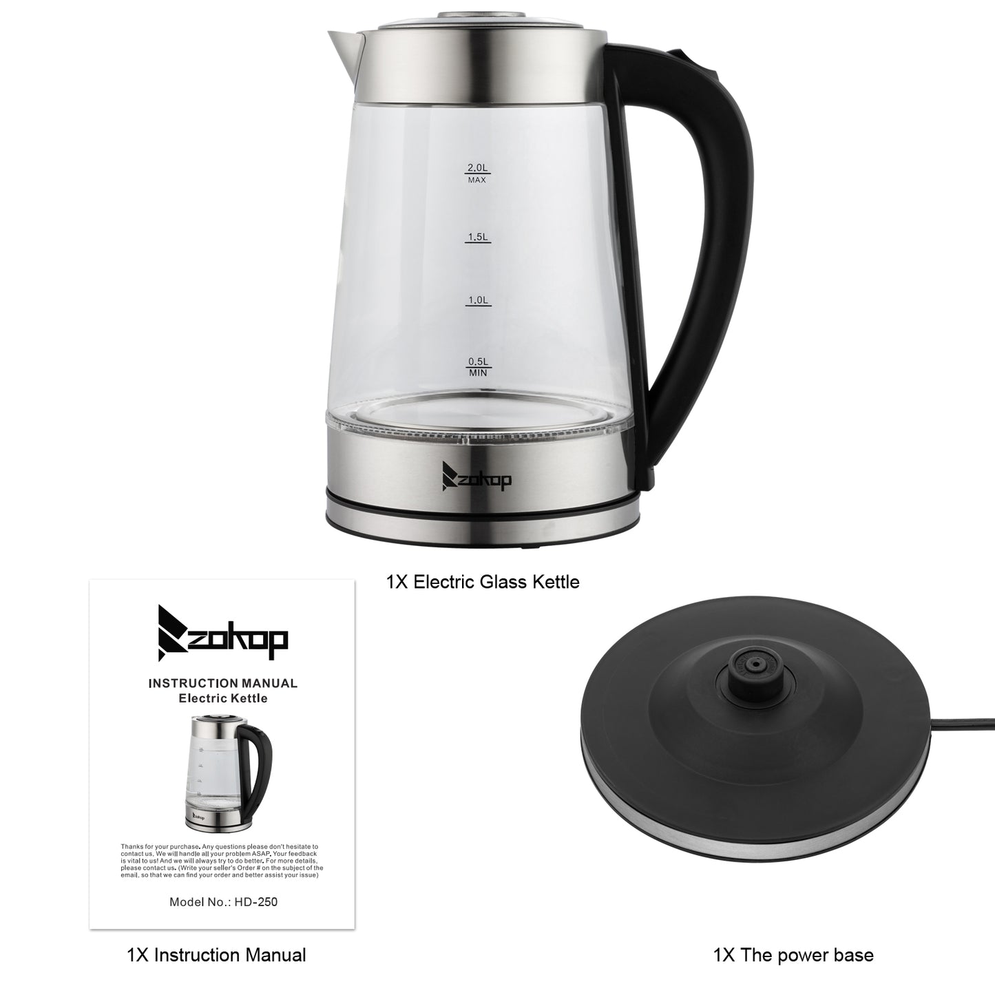 ZOKOP HD-250 220V 2000W 2L Blue Glass Electric Kettle