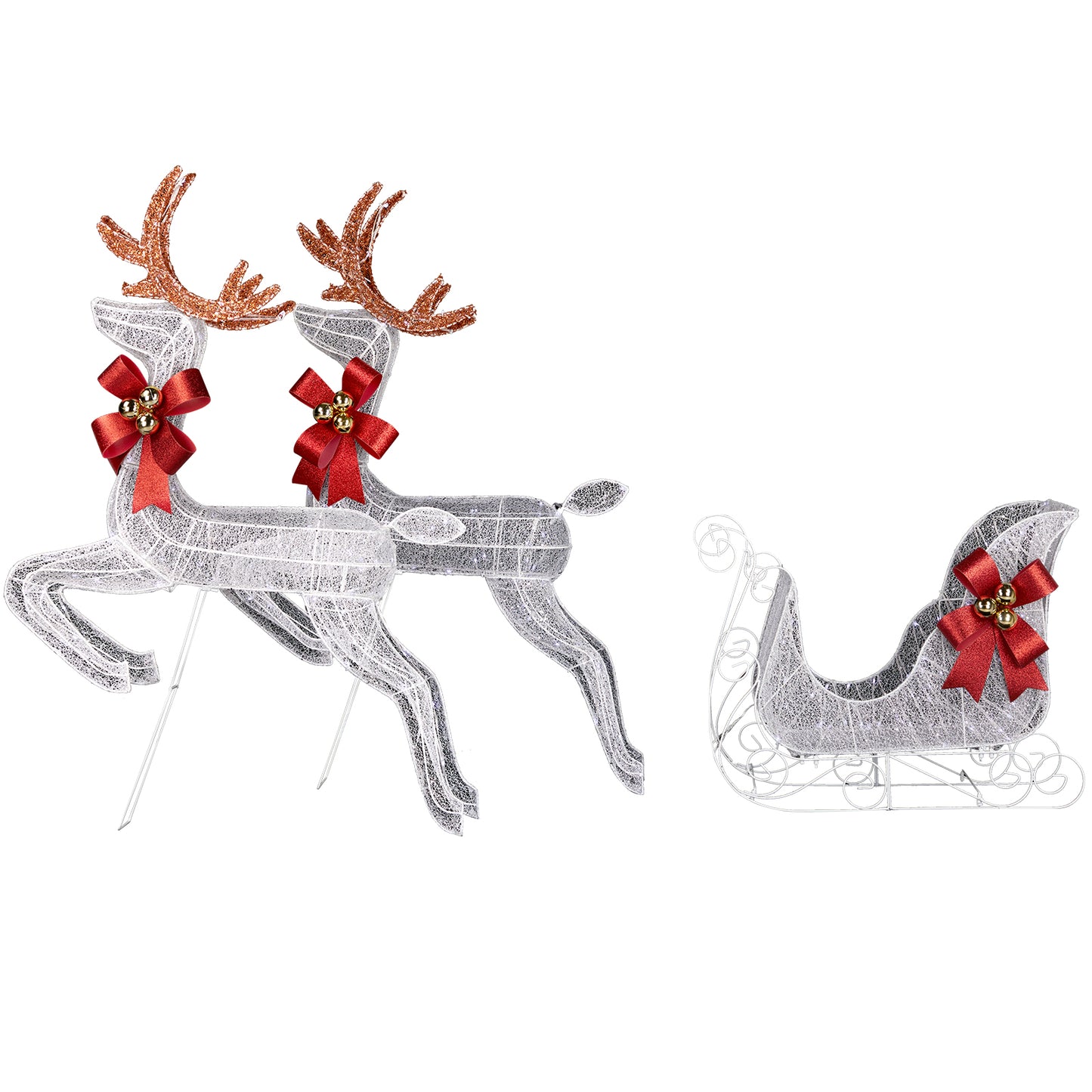 3-Piece Lighted Set of 2 Reindeer & Sleigh, Weather Proof Christmas Outdoor Decorations with Pre-lit 270 LED White Lights and Stakes for Xmas Outdoor Holiday Indoor Decor Lighted Holiday Displays