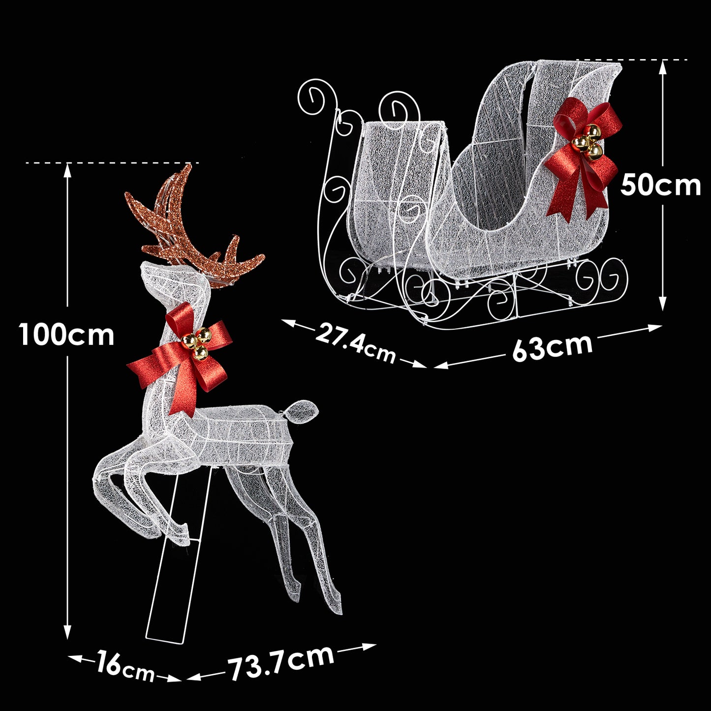 3-Piece Lighted Set of 2 Reindeer & Sleigh, Weather Proof Christmas Outdoor Decorations with Pre-lit 270 LED White Lights and Stakes for Xmas Outdoor Holiday Indoor Decor Lighted Holiday Displays