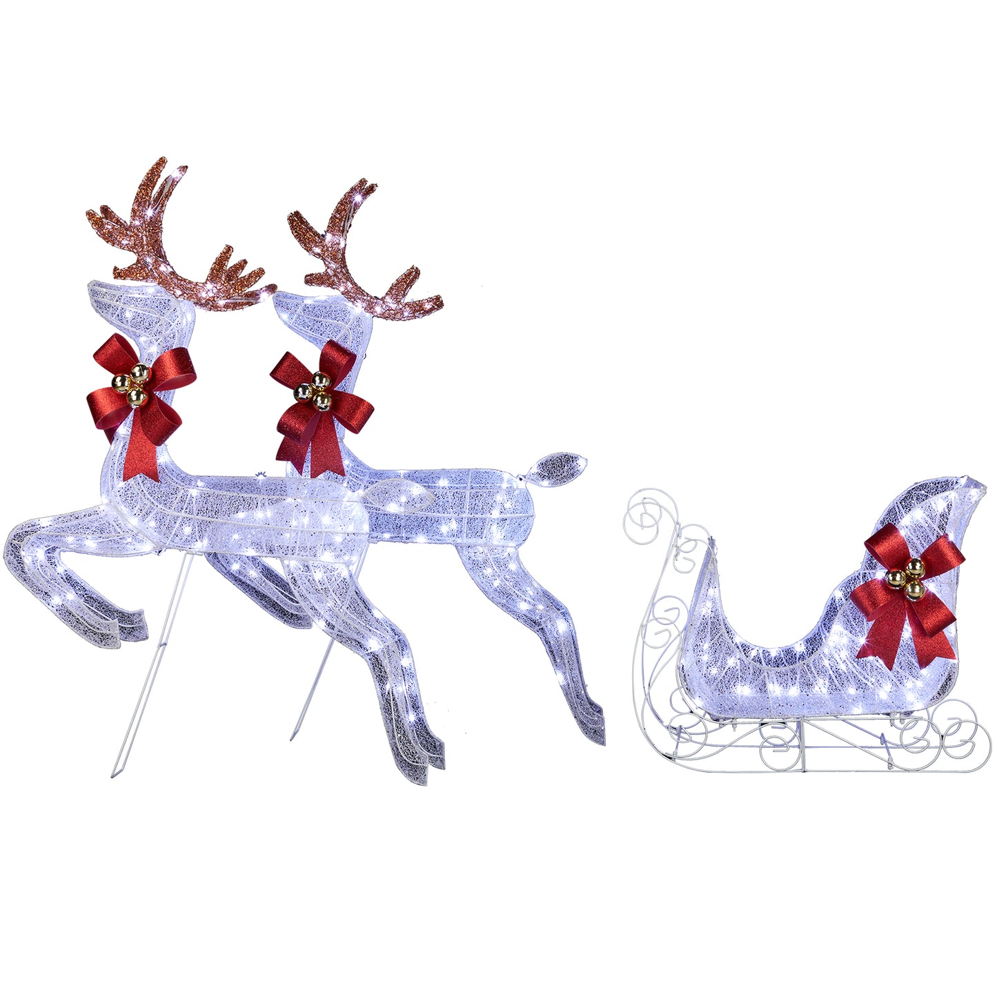 3-Piece Lighted Set of 2 Reindeer & Sleigh, Weather Proof Christmas Outdoor Decorations with Pre-lit 270 LED White Lights and Stakes for Xmas Outdoor Holiday Indoor Decor Lighted Holiday Displays