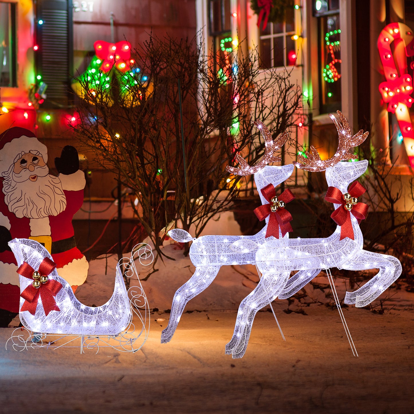 3-Piece Lighted Set of 2 Reindeer & Sleigh, Weather Proof Christmas Outdoor Decorations with Pre-lit 270 LED White Lights and Stakes for Xmas Outdoor Holiday Indoor Decor Lighted Holiday Displays