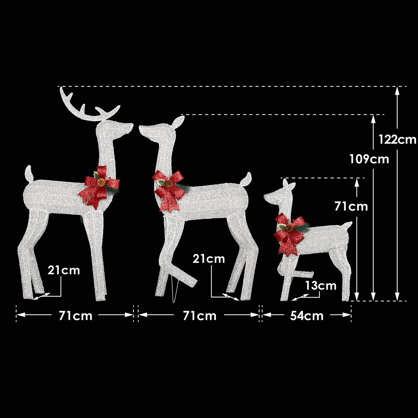 3-Piece Lighted Christmas Reindeer Family Set Outdoor Decorations, Weather Proof 2D Deer Family Set of 3 Christmas Ornament Home Decor Pre-lit 200 LED White Lights with Stakes, White