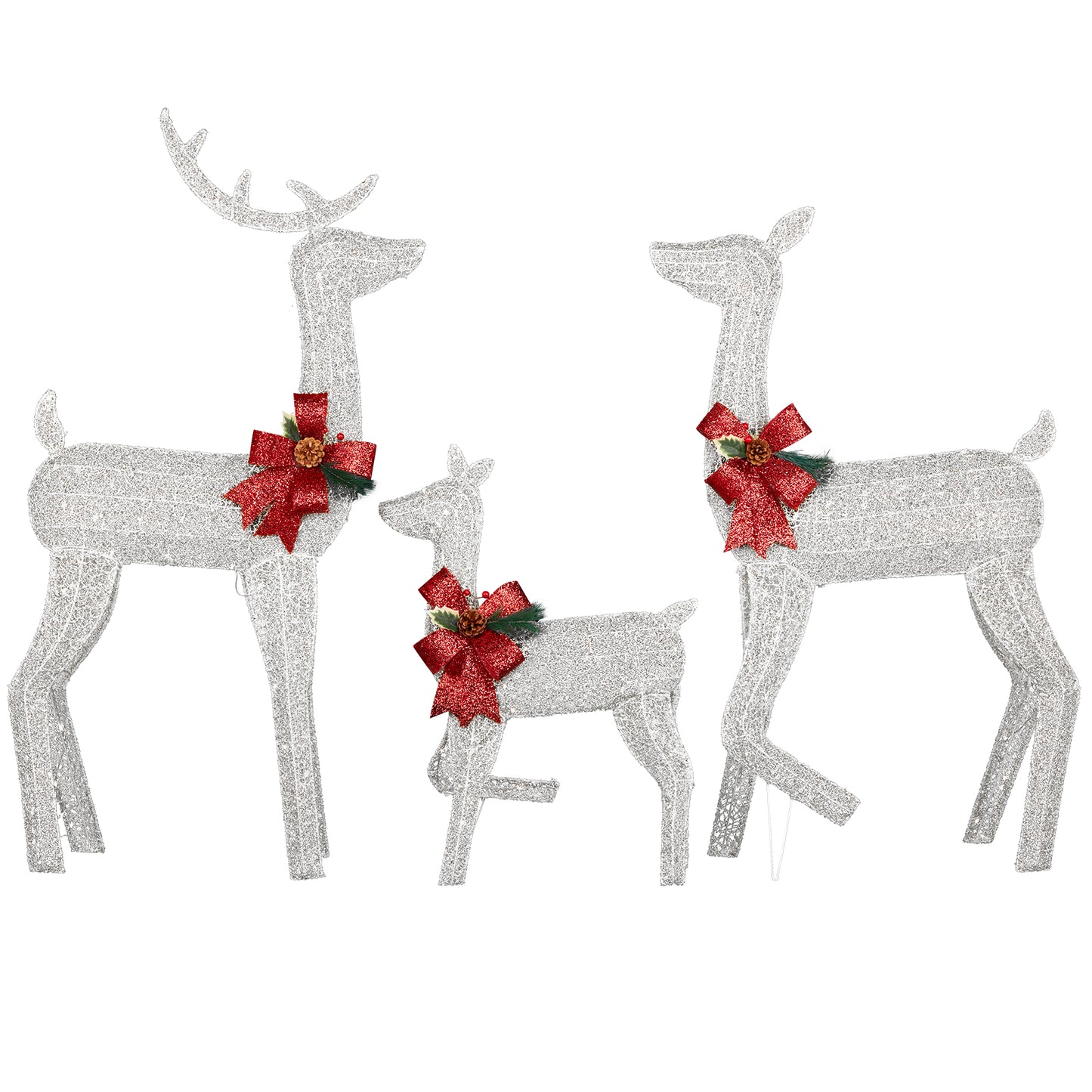 3-Piece Lighted Christmas Reindeer Family Set Outdoor Decorations, Weather Proof 2D Deer Family Set of 3 Christmas Ornament Home Decor Pre-lit 200 LED White Lights with Stakes, White