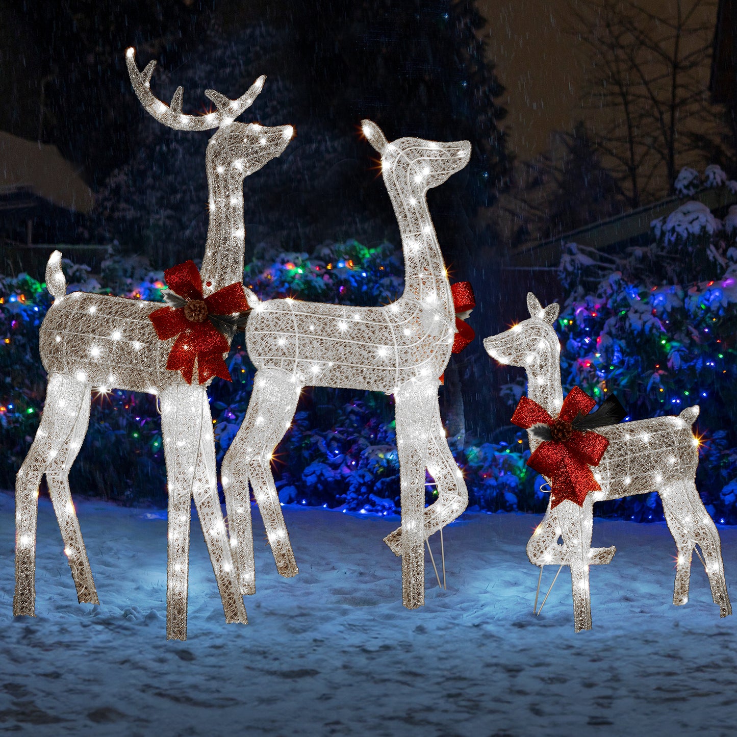 3-Piece Lighted Christmas Reindeer Family Set Outdoor Decorations, Weather Proof 2D Deer Family Set of 3 Christmas Ornament Home Decor Pre-lit 200 LED White Lights with Stakes, White