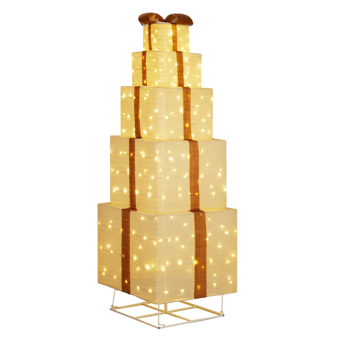 6FT Lighted Gift Box Tower, Pre-lit Pull Up Present Boxes with 200 LED Warm White Lights and Ropes Stakes for Christmas Outdoor Indoor Decorations Lighted Holiday Displays, Beige