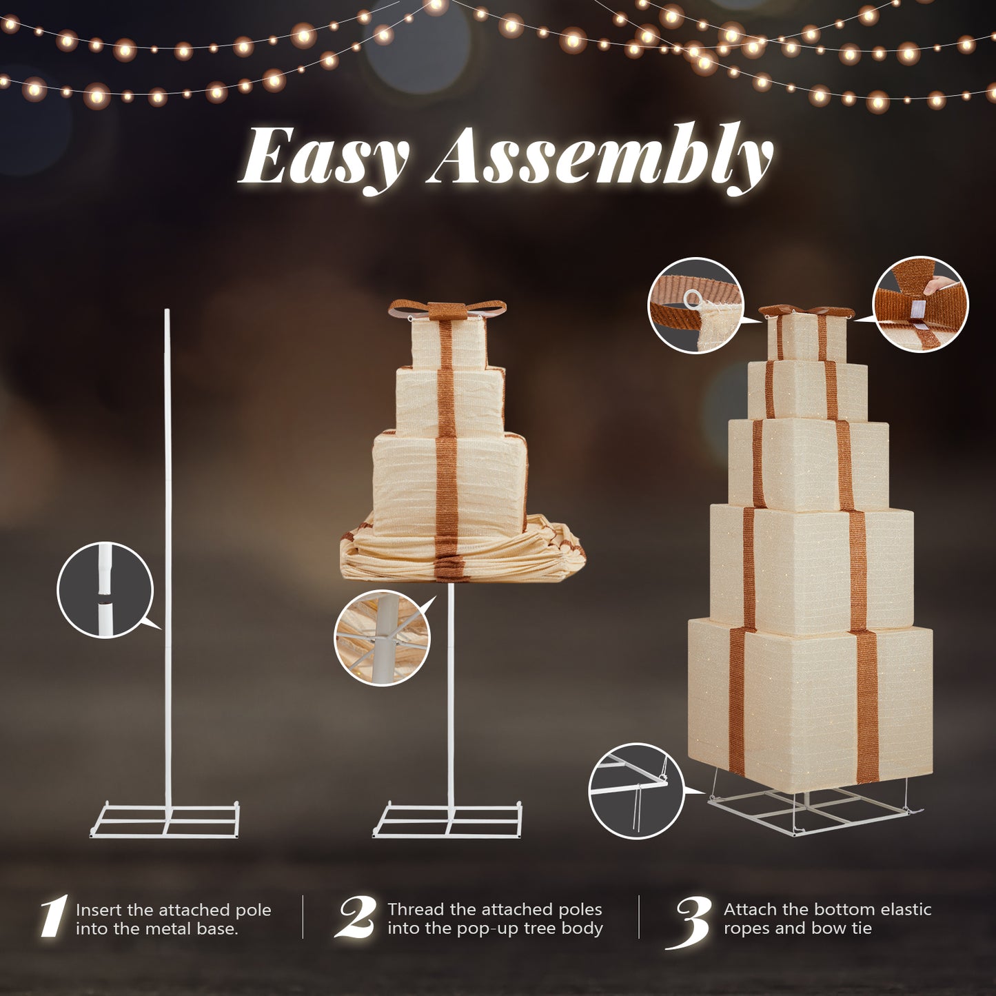 6FT Lighted Gift Box Tower, Pre-lit Pull Up Present Boxes with 200 LED Warm White Lights and Ropes Stakes for Christmas Outdoor Indoor Decorations Lighted Holiday Displays, Beige