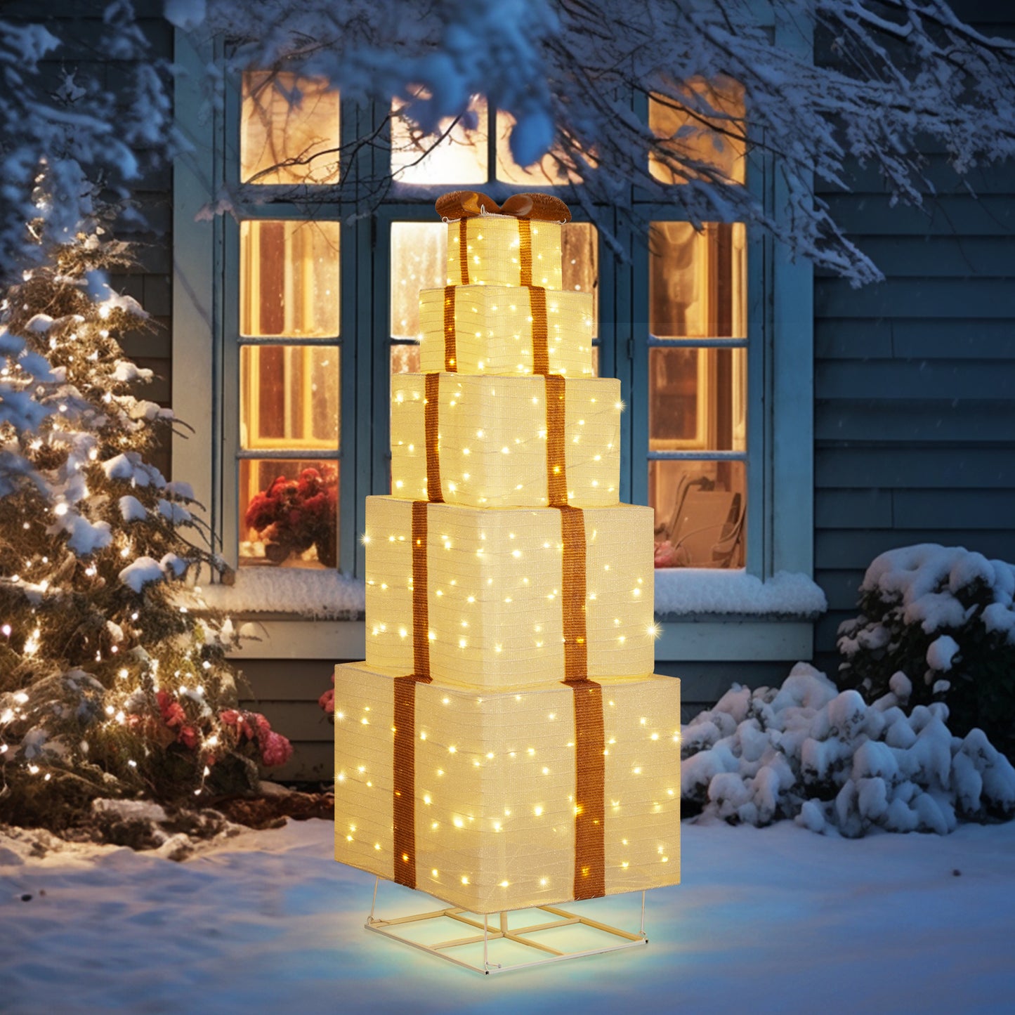 6FT Lighted Gift Box Tower, Pre-lit Pull Up Present Boxes with 200 LED Warm White Lights and Ropes Stakes for Christmas Outdoor Indoor Decorations Lighted Holiday Displays, Beige