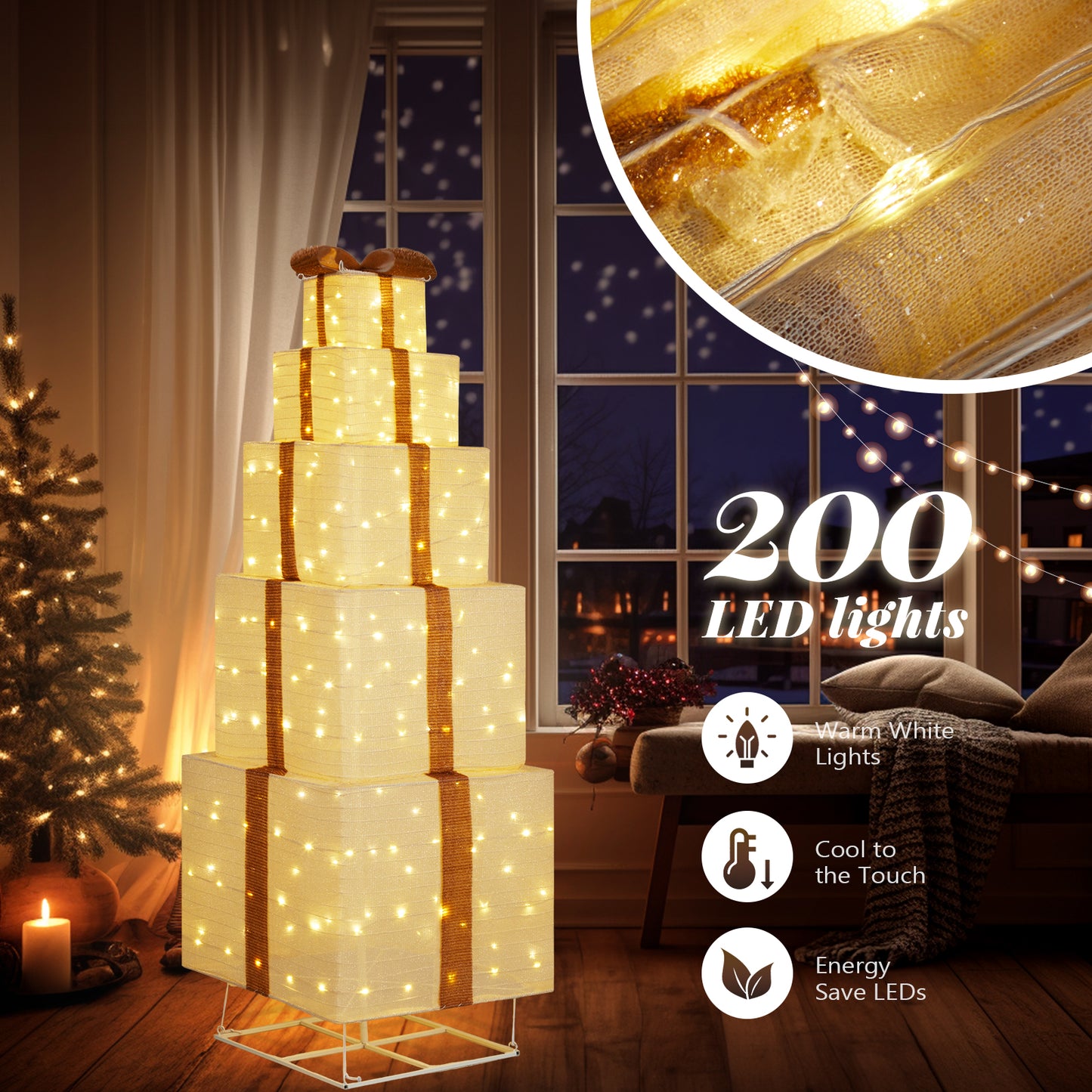 6FT Lighted Gift Box Tower, Pre-lit Pull Up Present Boxes with 200 LED Warm White Lights and Ropes Stakes for Christmas Outdoor Indoor Decorations Lighted Holiday Displays, Beige