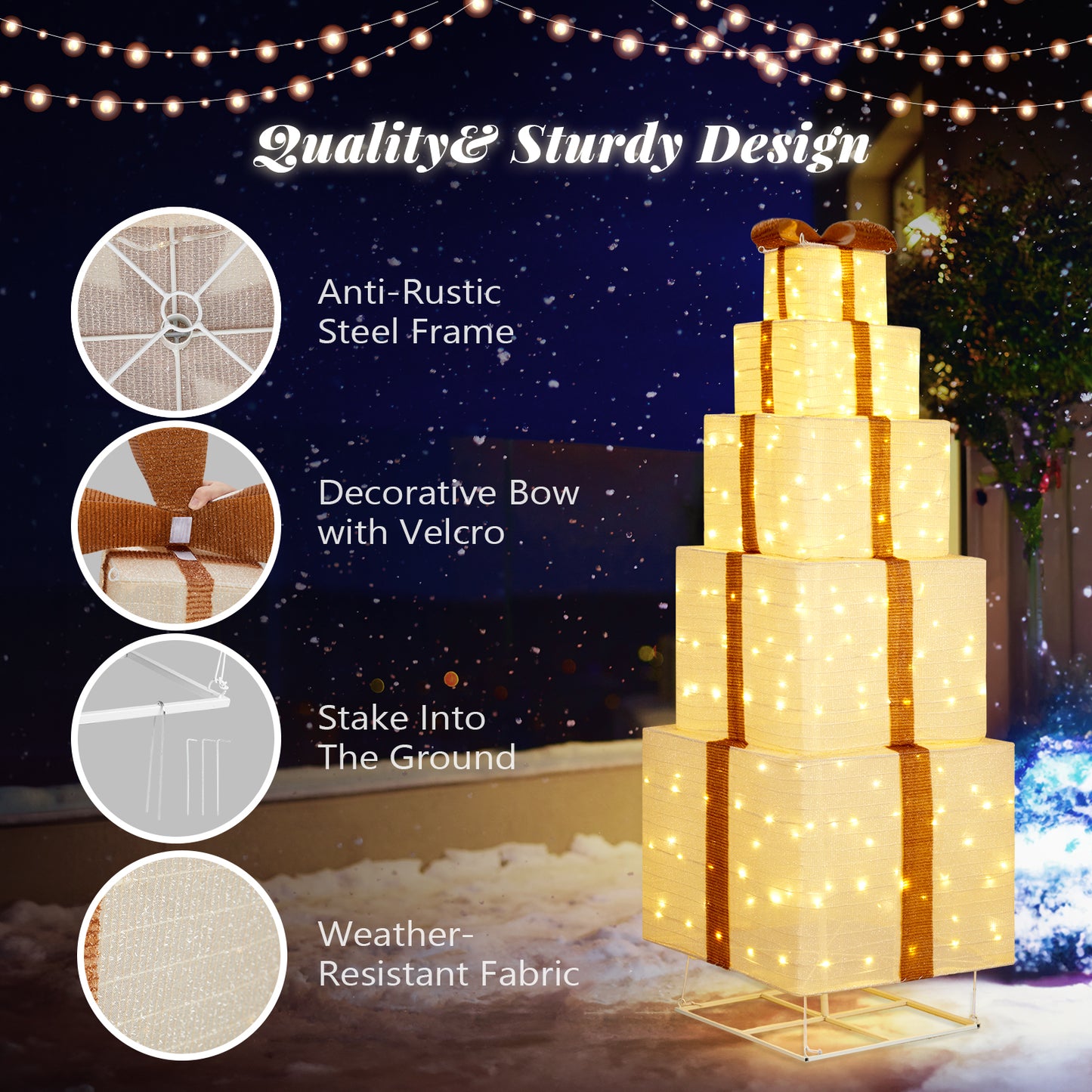 6FT Lighted Gift Box Tower, Pre-lit Pull Up Present Boxes with 200 LED Warm White Lights and Ropes Stakes for Christmas Outdoor Indoor Decorations Lighted Holiday Displays, Beige