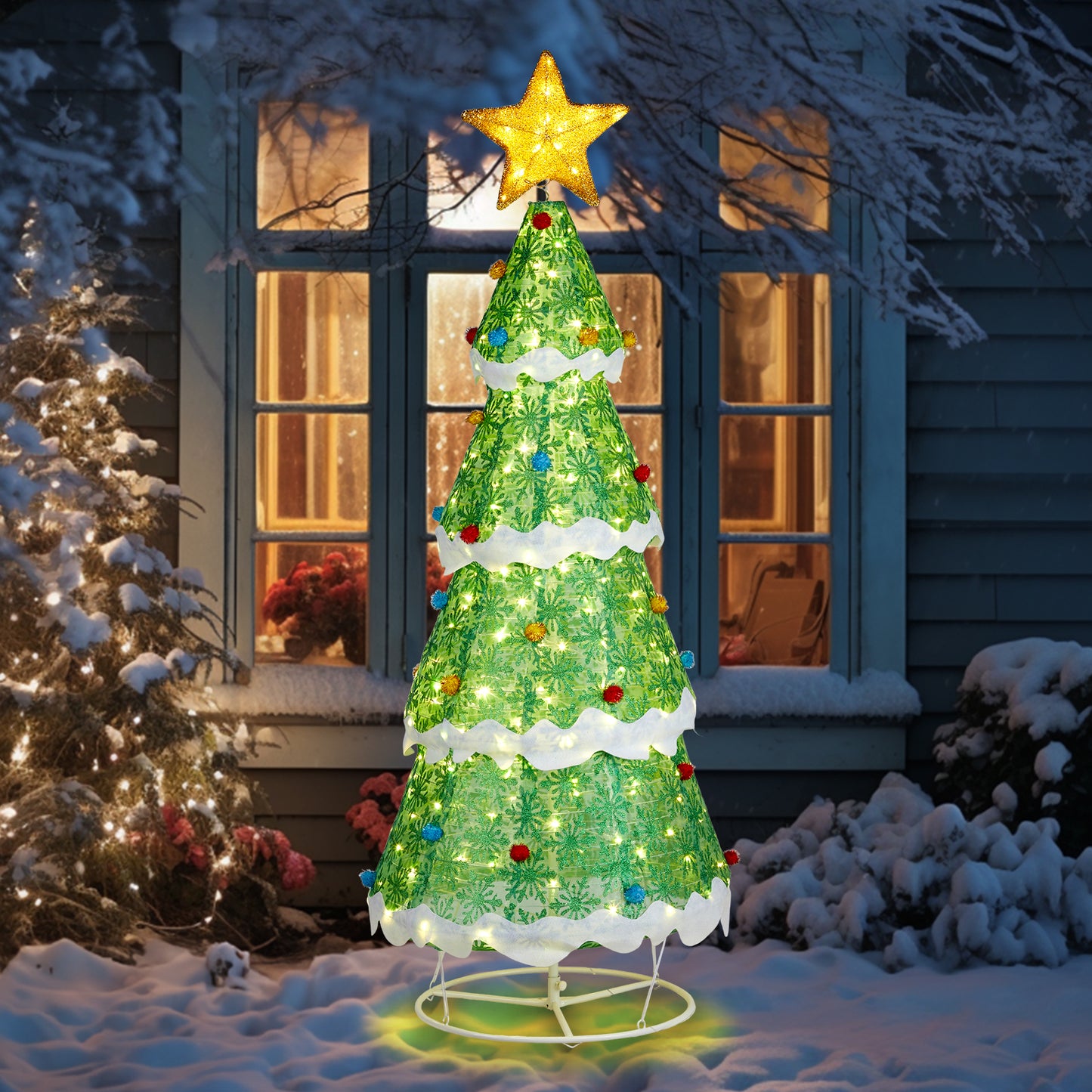 6FT Lighted Christmas Tree Yard Decorations, Pre-lit Pull Up Christmas Tree with 200 LED Warm White Lights and Ropes Stakes for Xmas Outdoor Holiday Indoor Decor Lighted Holiday Displays