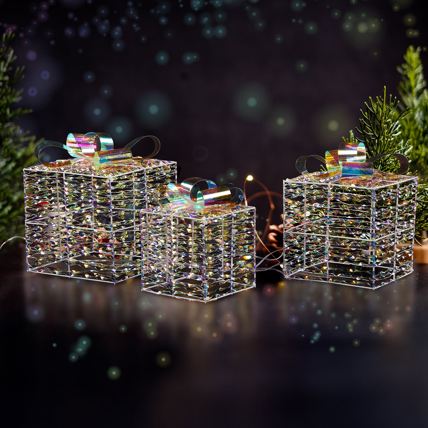 Lighted Iridescent Gift Boxes Set of 3, Pre-lit Nestable Present Boxes Ornament with 140 LED  White Lights and Stakes for Christmas Outdoor Indoor Decor Lighted Holiday Displays