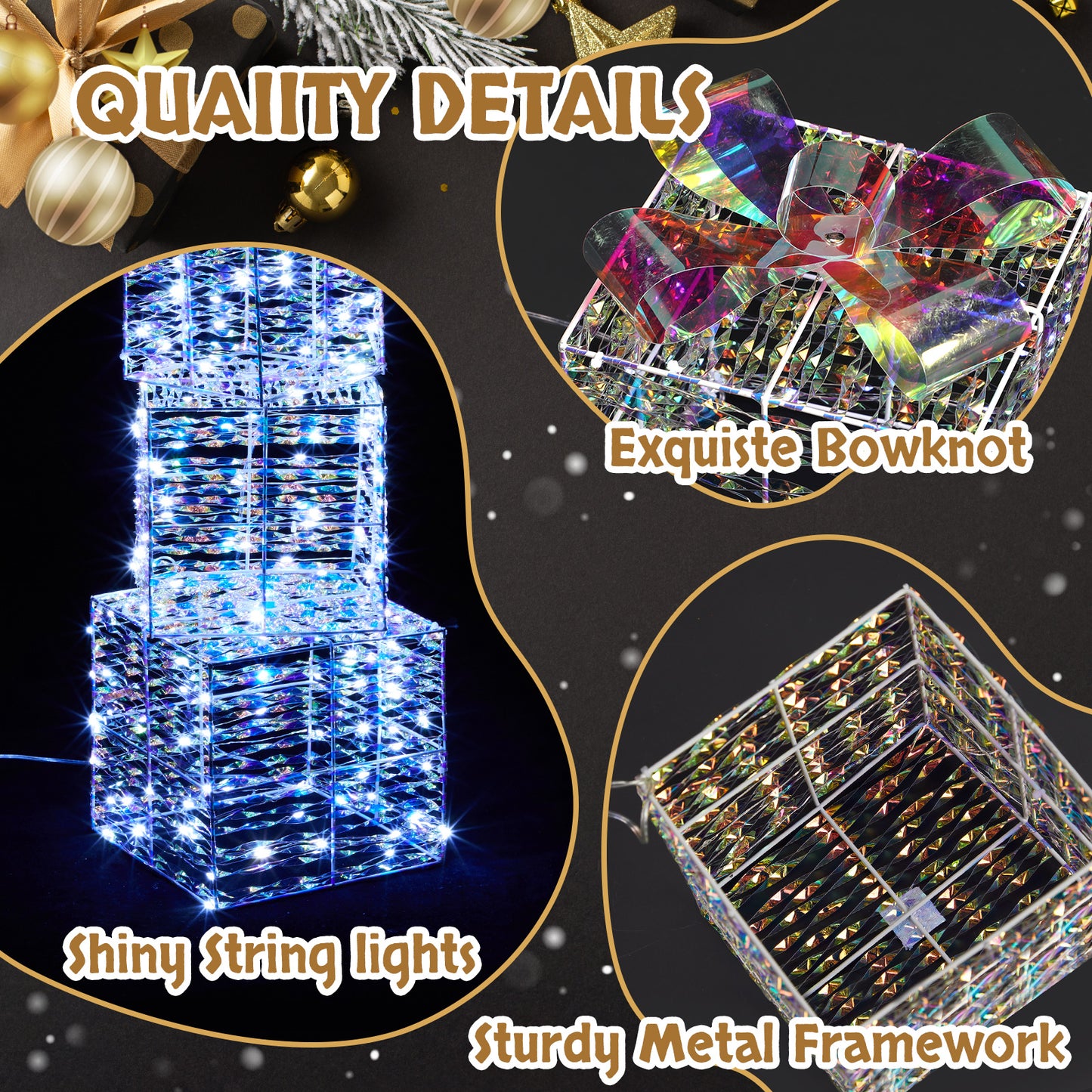 Lighted Iridescent Gift Boxes Set of 3, Pre-lit Nestable Present Boxes Ornament with 140 LED  White Lights and Stakes for Christmas Outdoor Indoor Decor Lighted Holiday Displays