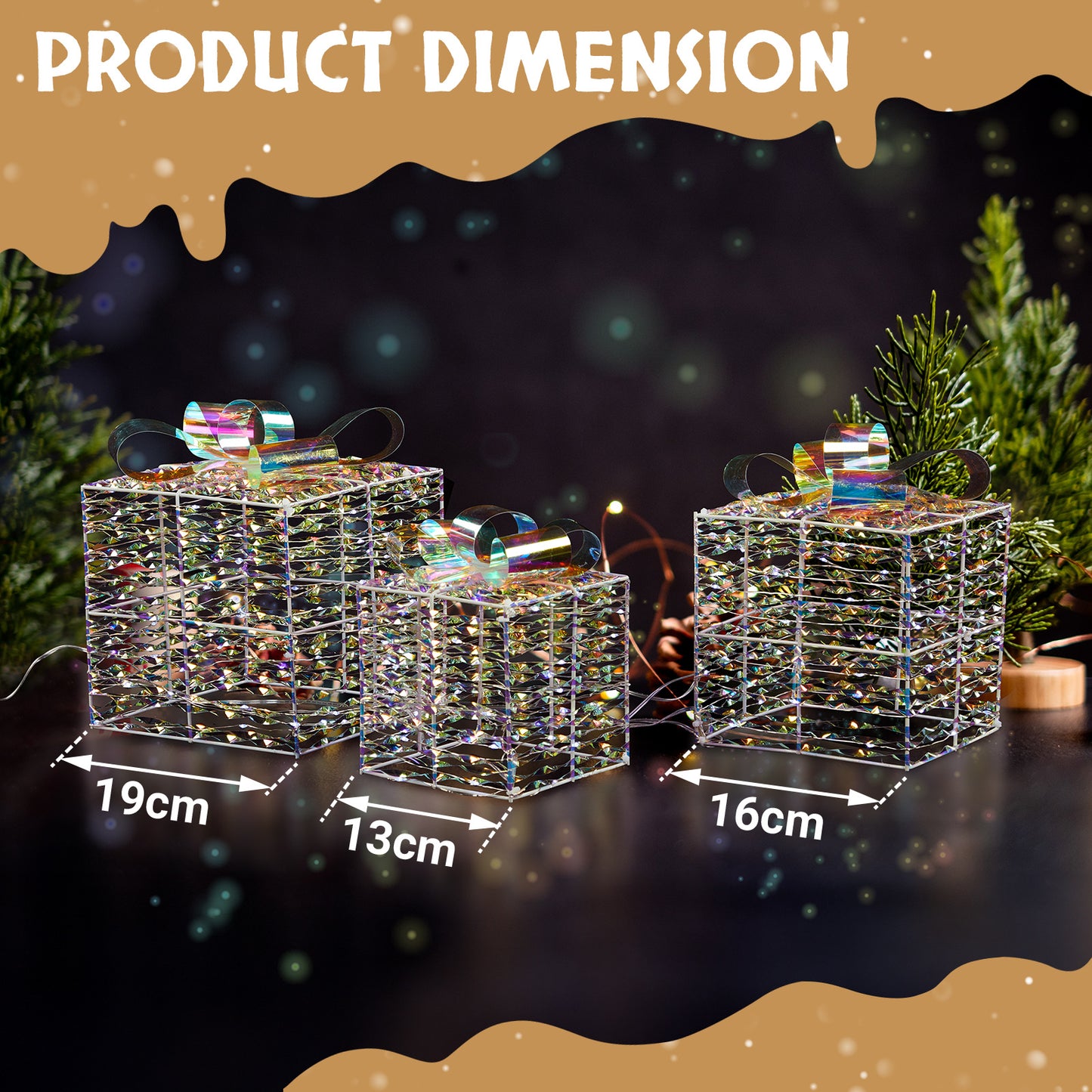 Lighted Iridescent Gift Boxes Set of 3, Pre-lit Nestable Present Boxes Ornament with 140 LED  White Lights and Stakes for Christmas Outdoor Indoor Decor Lighted Holiday Displays