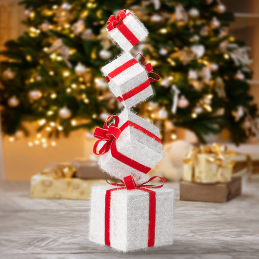 3FT Lighted Gift Box Tower, Pre-lit Stacked Present Boxes Ornament with 80 LED Warm White Lights and Stakes for Christmas Outdoor Indoor Decorations Lighted Holiday Displays