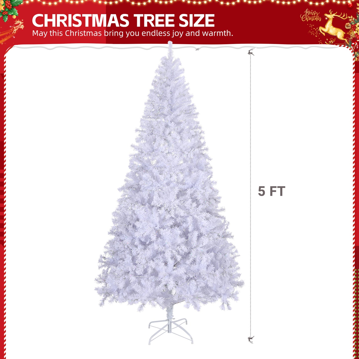 5 FT Artificial Christmas Tree with DIY 80 Warm Lights Battery Operated, 480 Branch Tips and Sturdy Metal Stand, White