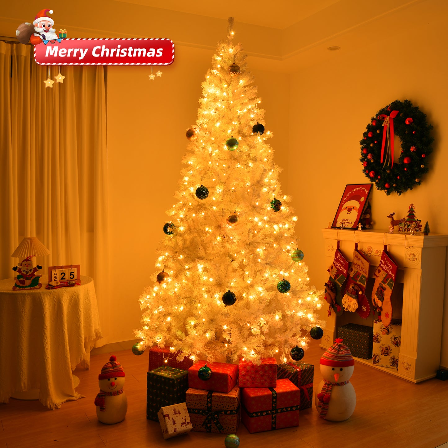 5 FT Artificial Christmas Tree with DIY 80 Warm Lights Battery Operated, 480 Branch Tips and Sturdy Metal Stand, White