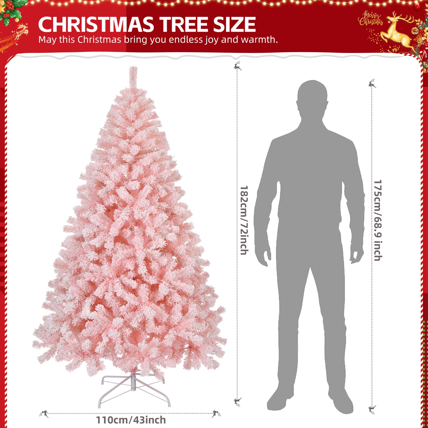 6 FT Artificial Christmas Tree with DIY 100 Warm Lights Battery Operated, 750 Branch Tips and Sturdy Metal Stand, Pink