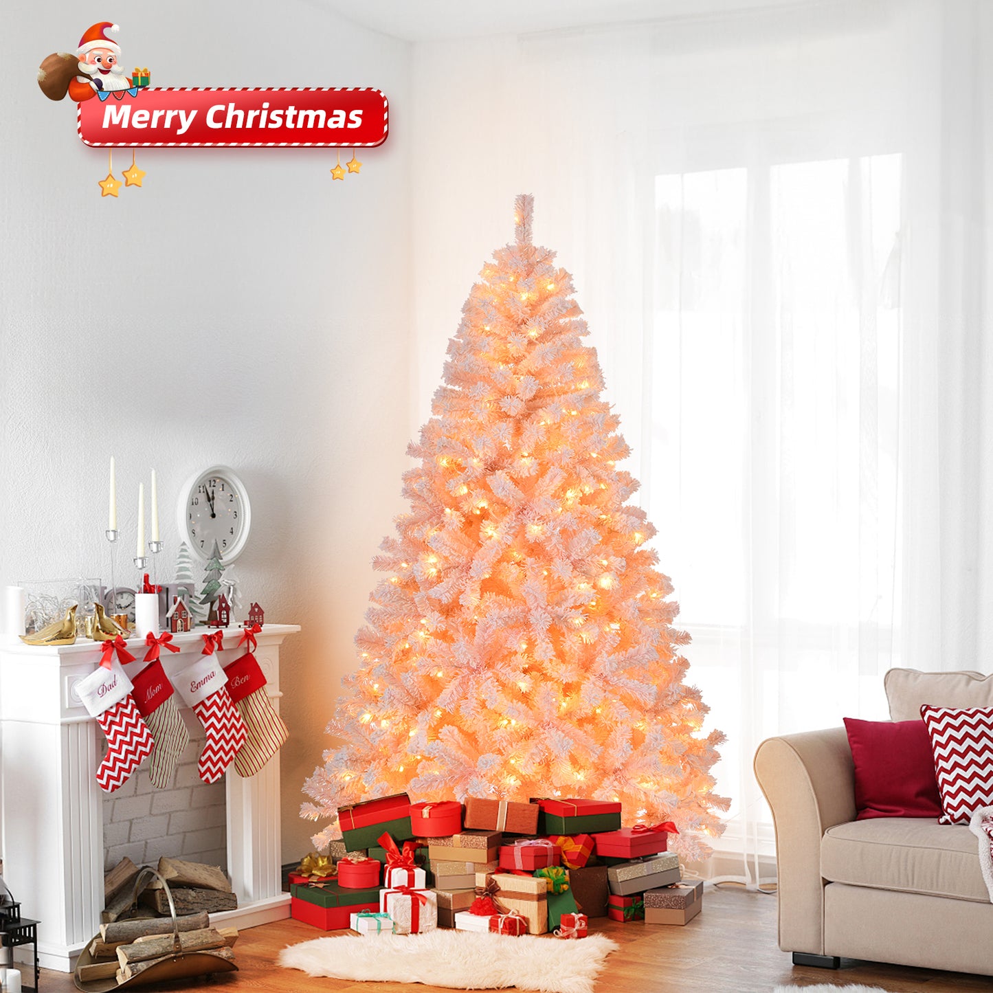 6 FT Artificial Christmas Tree with DIY 100 Warm Lights Battery Operated, 750 Branch Tips and Sturdy Metal Stand, Pink