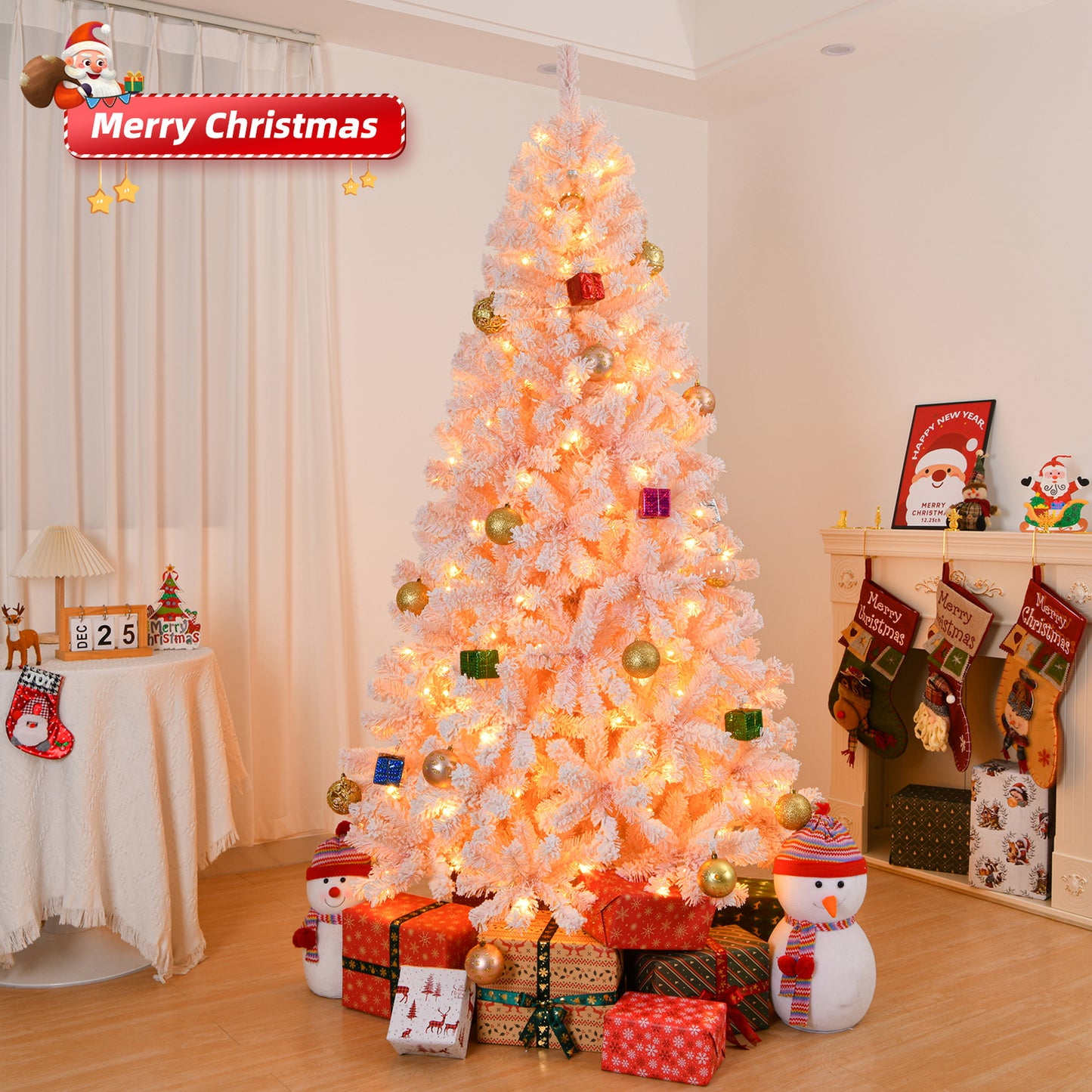 6 FT Artificial Christmas Tree with DIY 100 Warm Lights Battery Operated, 750 Branch Tips and Sturdy Metal Stand, Pink